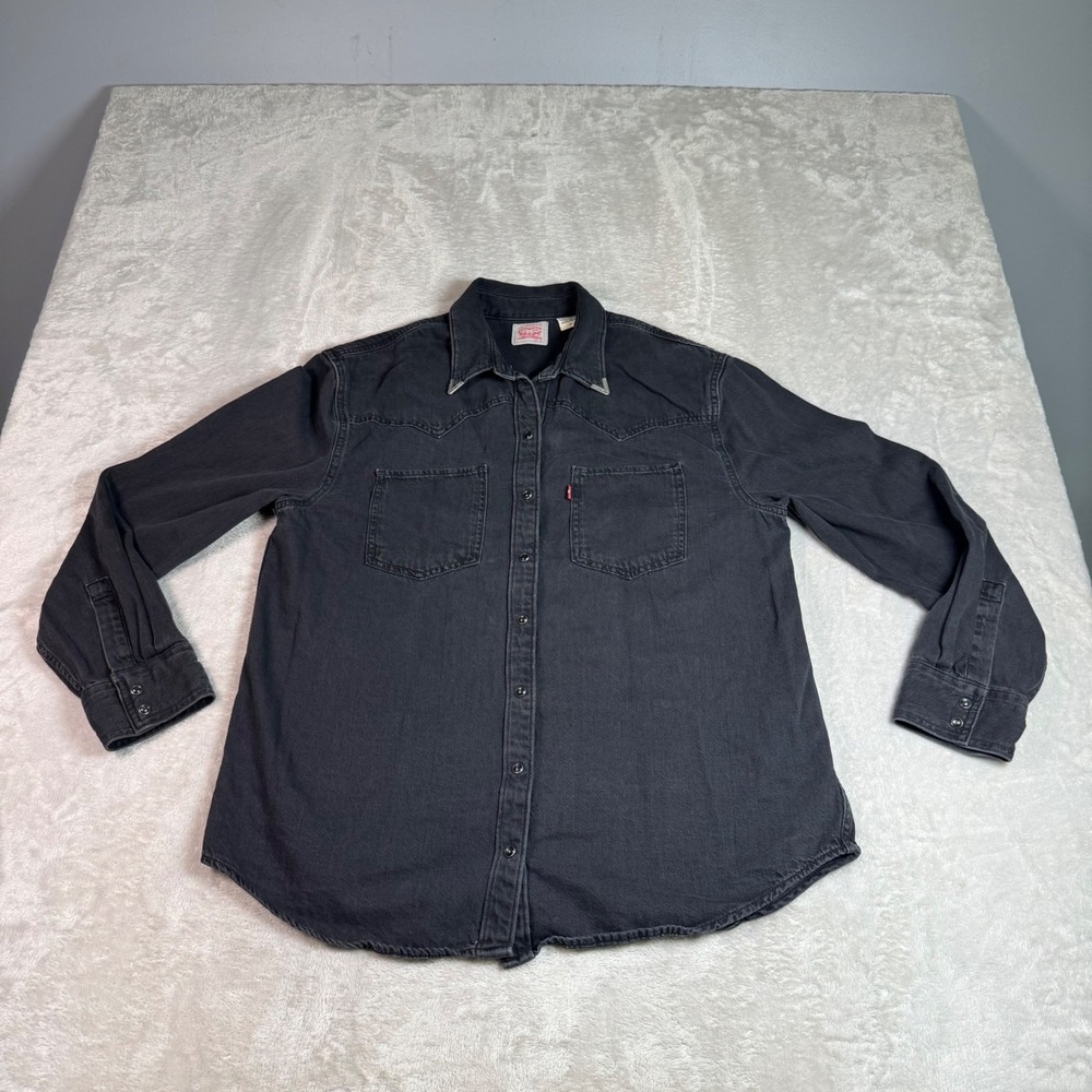 Levi's Teodora Western Shirt Women M Black Denim Metal Tipped Pearl Snap Button
